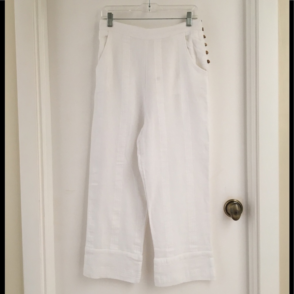 NWOT Free People White Wide-Leg Linen Blend Pants with Side Button Detail